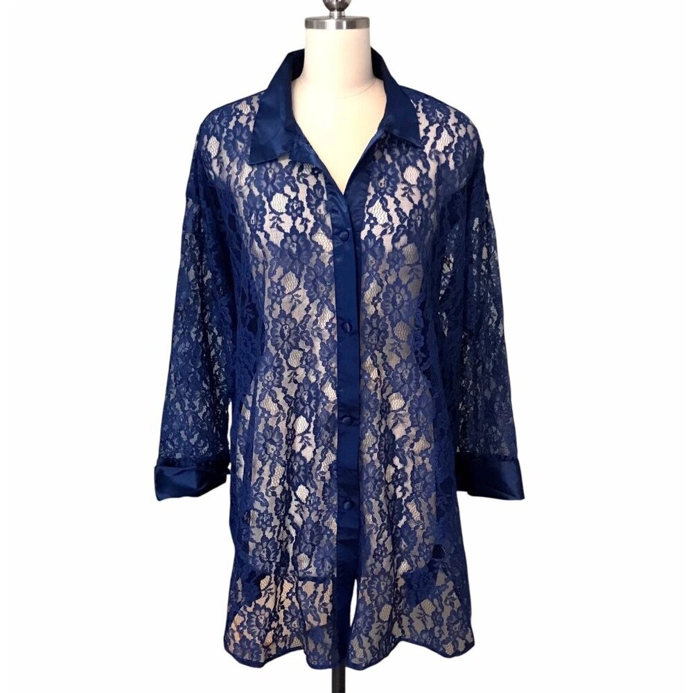 Vintage 90s Gold Label Victorias Secret Blue Lace & Satin Long‎ Shirt Dress S